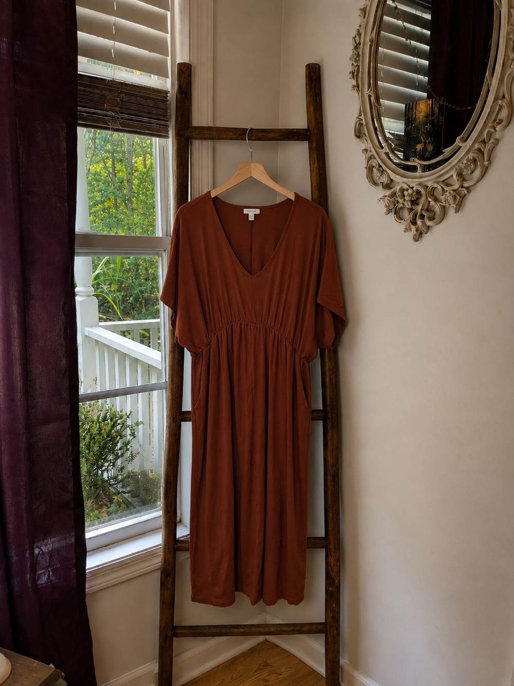 Nordstrom Rust Midi Dress with V Neck Casual